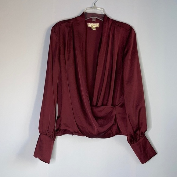 NEW Band of Gypsies Burgundy Satin Balloon Sleeves Wrap Top- Small - Picture 2 of 6